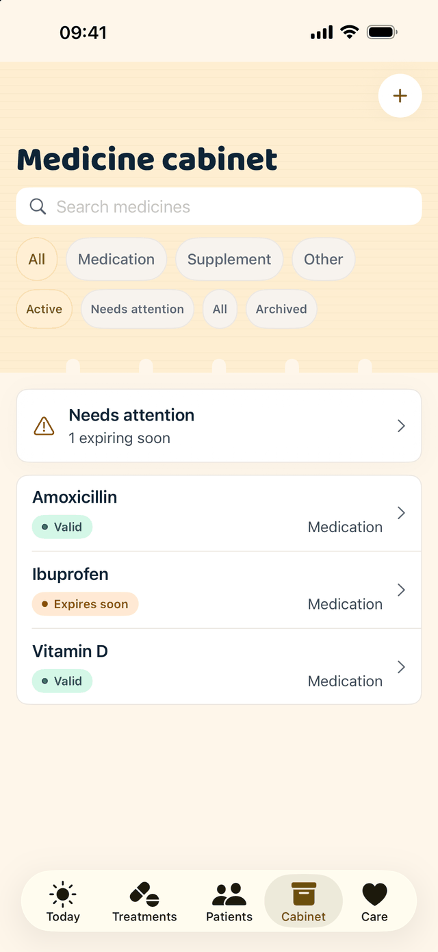 Holakare's Cabinet screen: one medicine expiring soon flagged under Needs attention, the others valid.