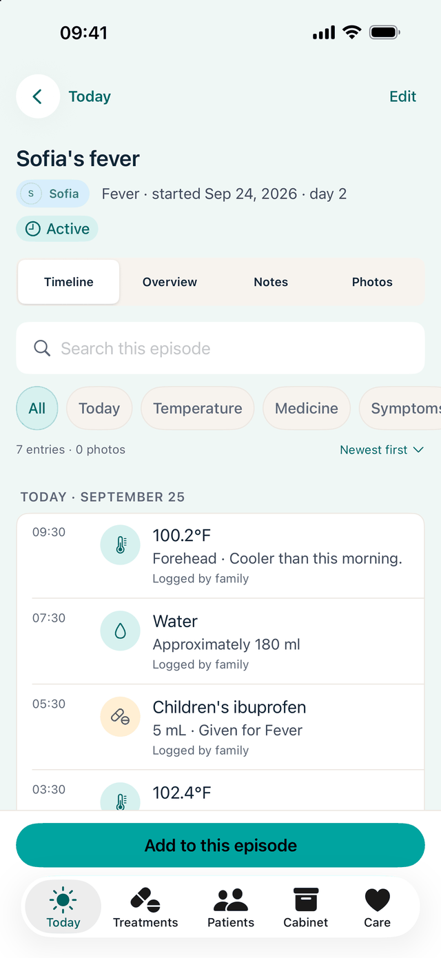 Holakare's care episode for Sofia's fever: a timeline of temperatures, water and children's ibuprofen, each logged by family.