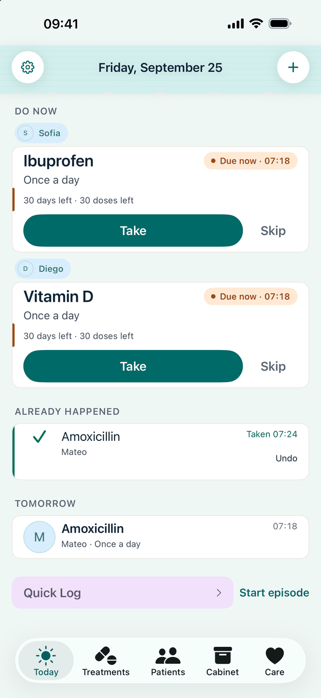Holakare's Today screen scrolled down: two doses to do now, Mateo's amoxicillin taken at 07:24 with Undo, tomorrow's dose, and Quick Log.