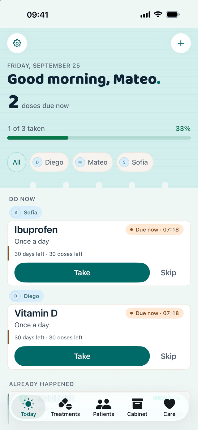 Holakare's Today screen: Sofia's ibuprofen and Diego's vitamin D are due now at 07:18, and 1 of 3 doses is taken.