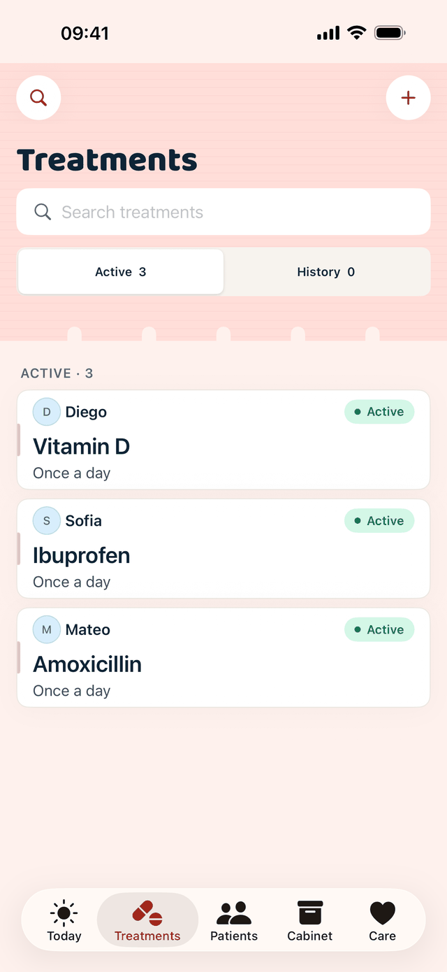 Holakare's Treatments screen: the household's three active treatments.