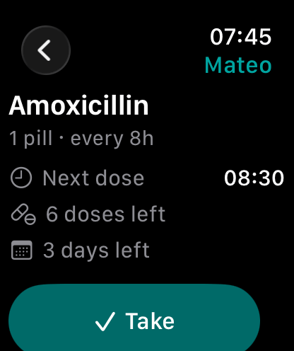 Holakare on Apple Watch: Mateo's amoxicillin, next dose at 08:30, with a Take button.
