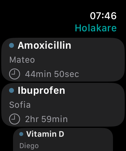 Holakare on Apple Watch: the next doses for Mateo, Sofia and Diego.