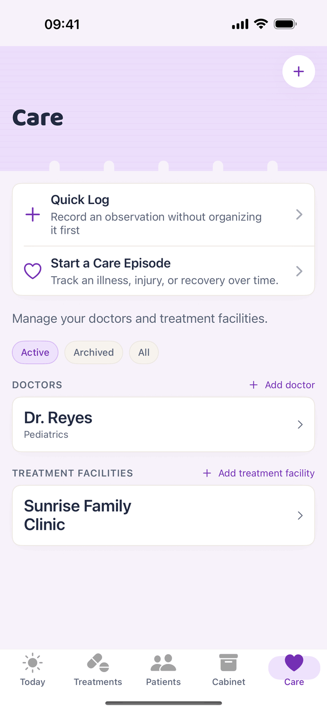 Holakare Care screen with Quick Log and Start a Care Episode