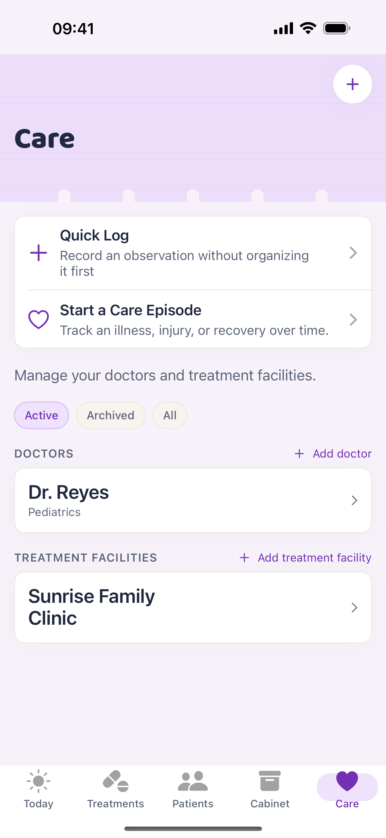Holakare — the Care tab, where episodes and visits live