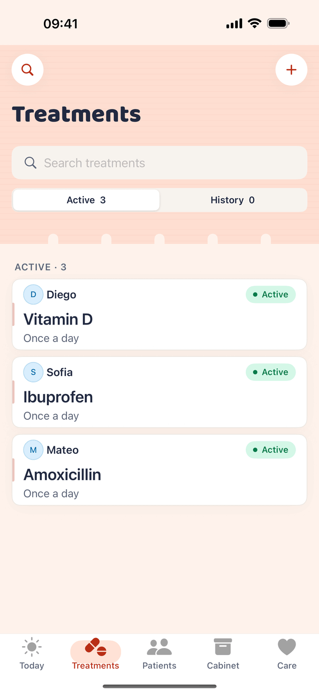 Holakare Treatments list showing active treatments for three people