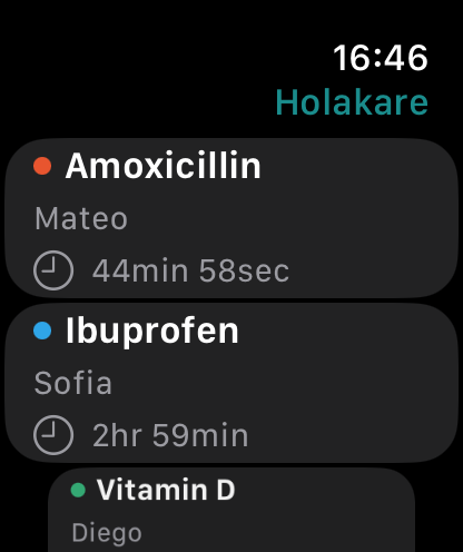 The Holakare Apple Watch app listing what is due: Amoxicillin for Mateo in 44 minutes, Ibuprofen for Sofia in 3 hours, and Vitamin D for Diego